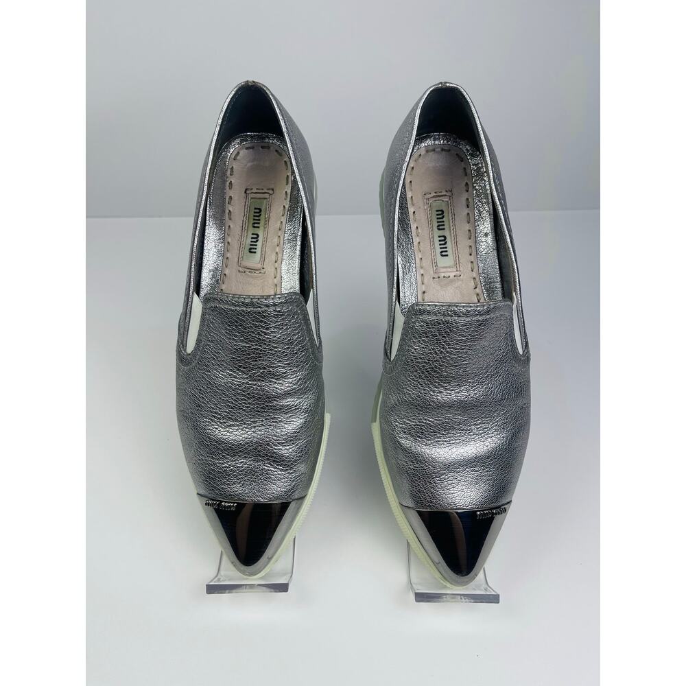 Miu Miu Silver Leather Pointed Toe Slip On Sneakers Loafers Sz 5.5 Prada